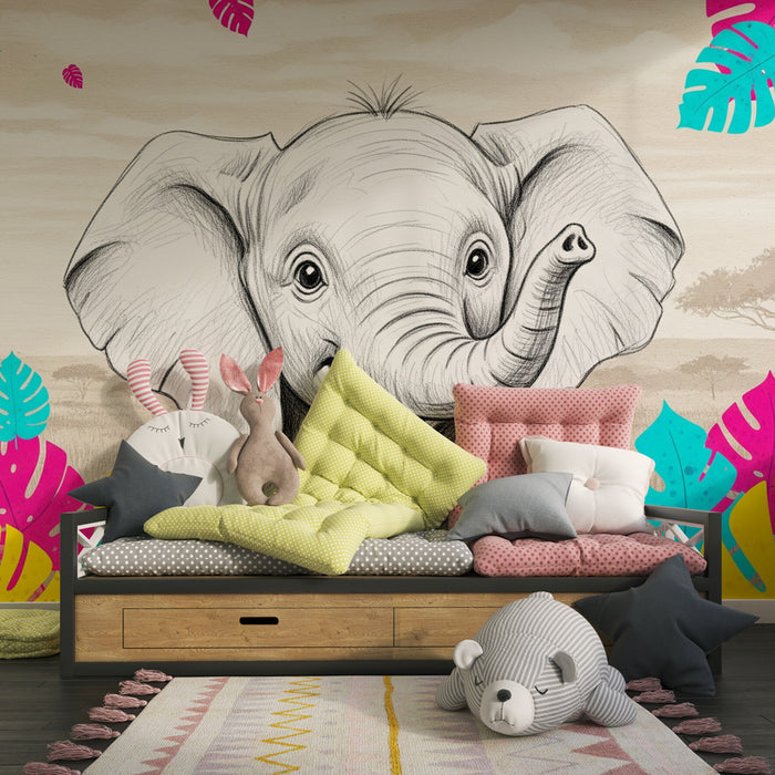 Kinderzimmer Tapete | Fröhlicher Elefant und bunte Dschungel