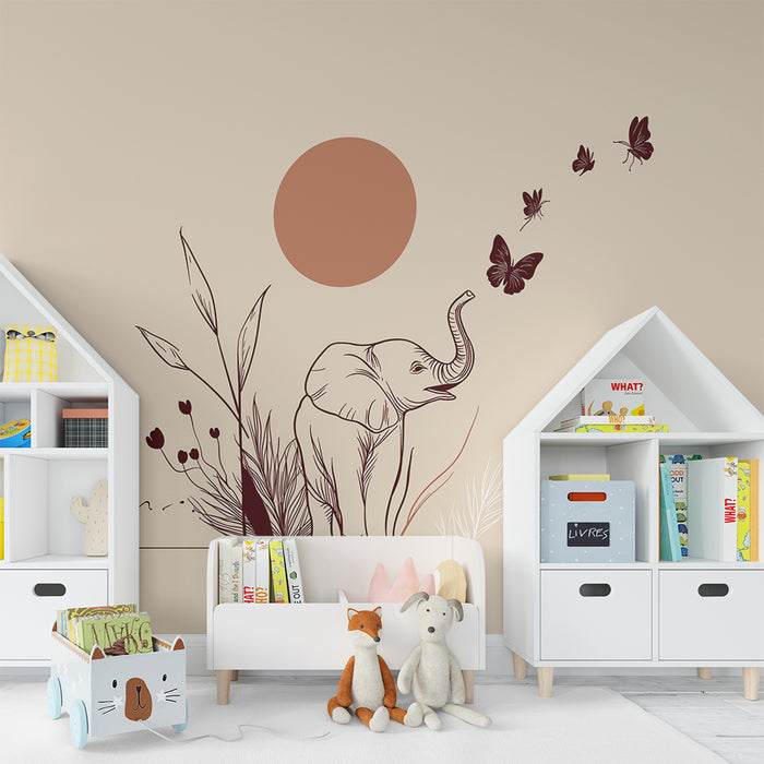 Papel de parede criança | Elefante feliz e borboletas coloridas