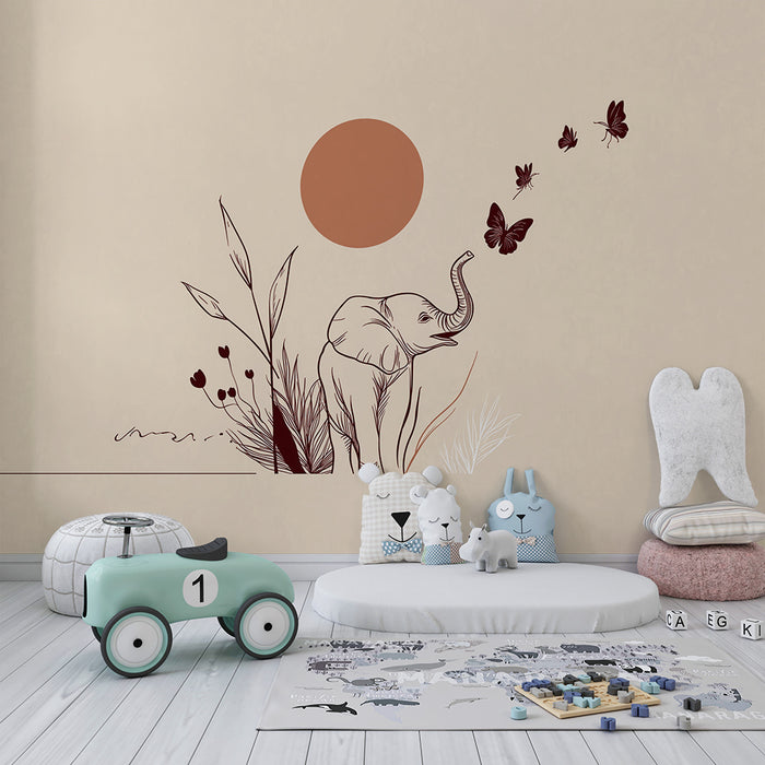 Papel de parede criança | Elefante feliz e borboletas coloridas