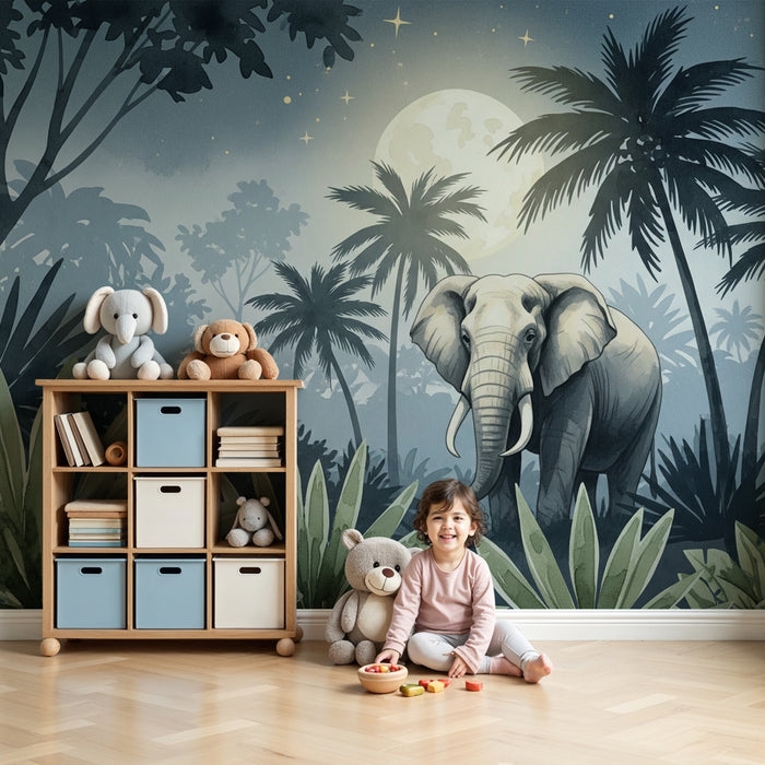 Papier peint chambre enfant | Éléphant majestueux sous la lune