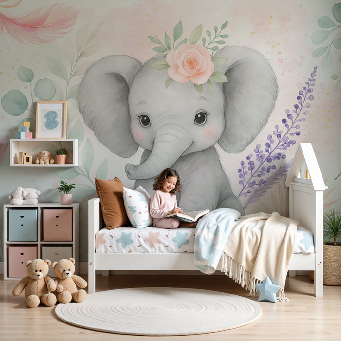 Papel de parede criança | Elefante bonito com flores