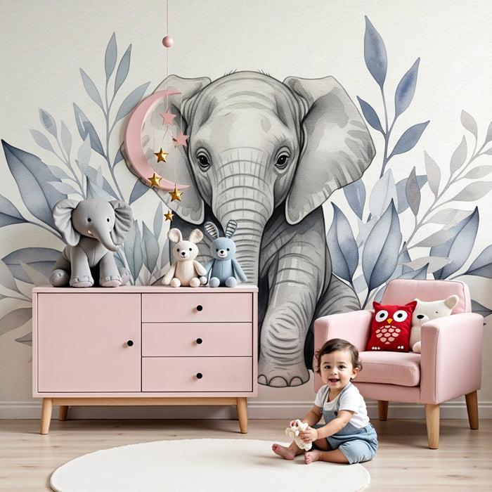 Papier peint chambre enfant | Éléphant mignon entouré de feuillage