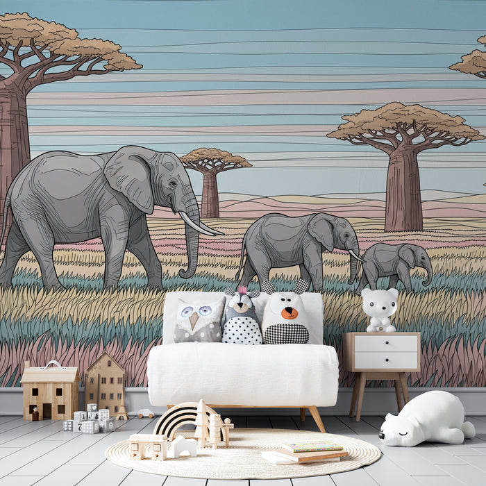 Papier peint chambre enfant | Éléphants dans la savane