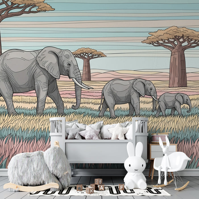Papier peint chambre enfant | Éléphants dans la savane