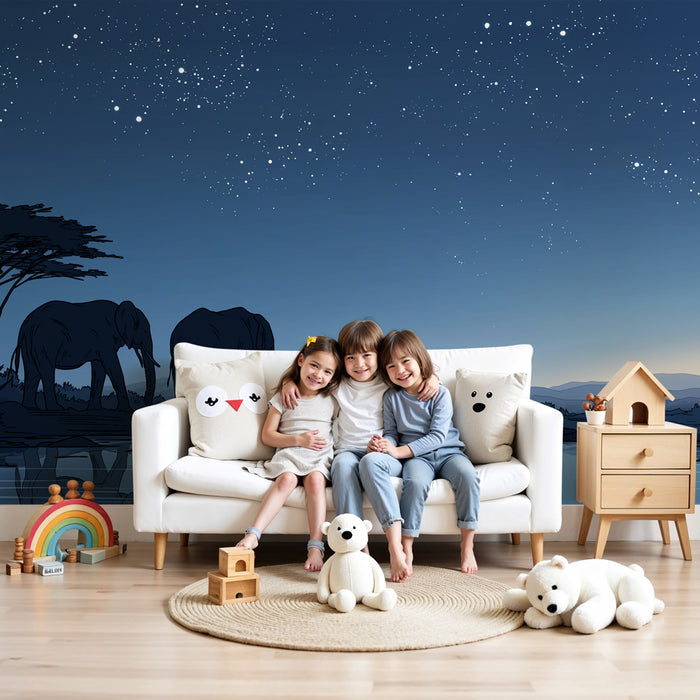 Papier peint chambre enfant | Éléphants dans la savane sous les étoiles