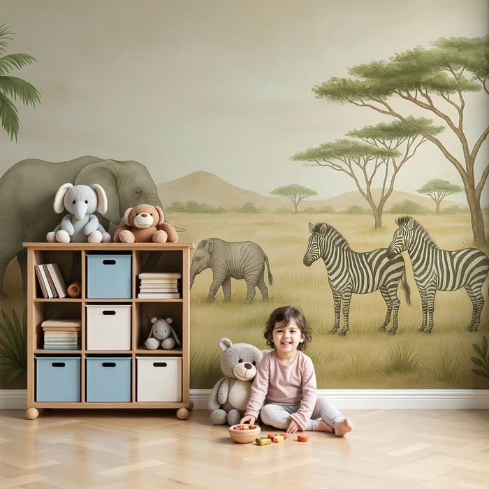 Papel pintado infantil | Elefantes y cebras en la sabana