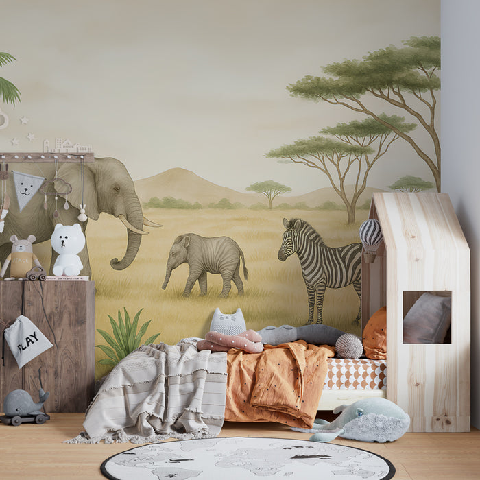 Papier peint chambre enfant | Éléphants et zèbres dans la savane