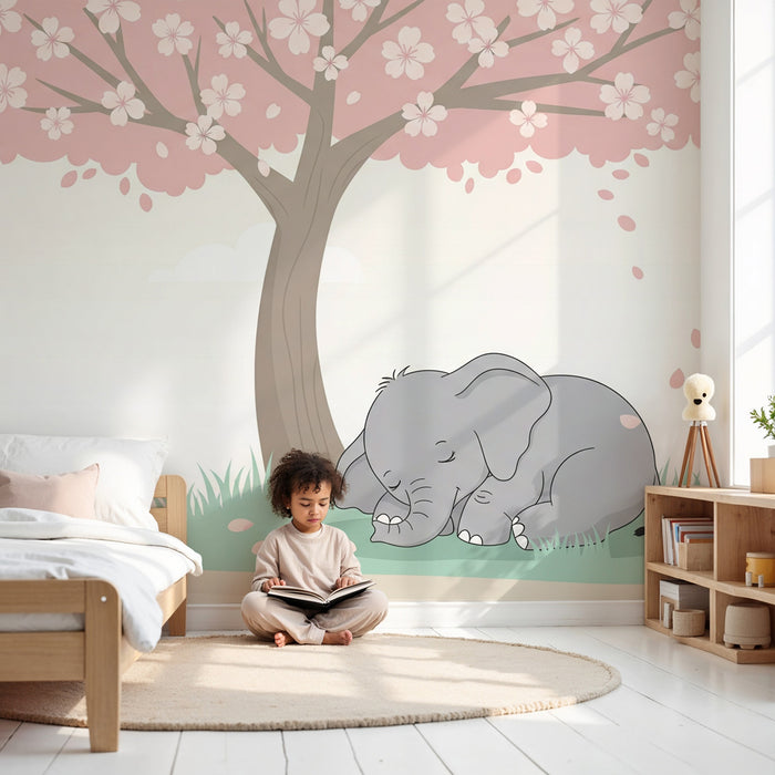Papel de parede criança | Elefante adormecido sob a cerejeira