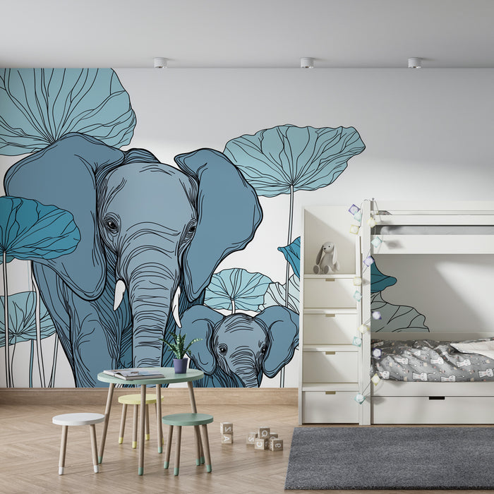 Papier peint chambre enfant | Élphants et nénuphars dans un décor apaisant