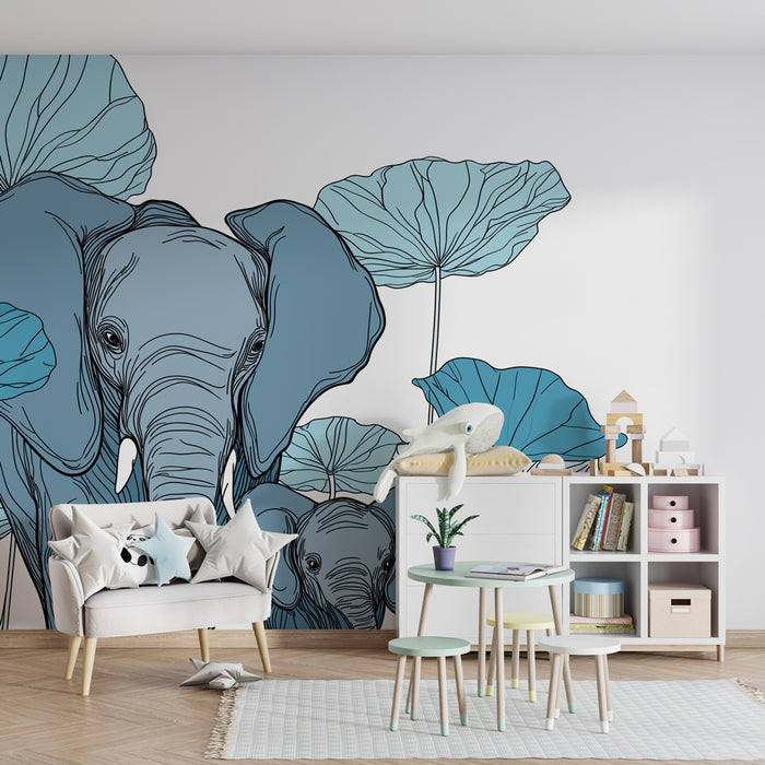 Papier peint chambre enfant | Élphants et nénuphars dans un décor apaisant