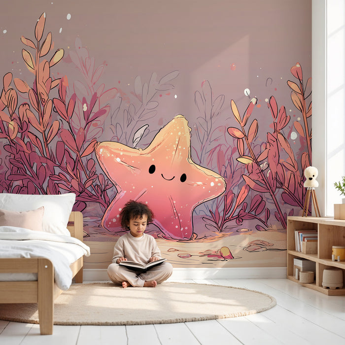 Kids room wallpaper | Happy starfish and sea grass