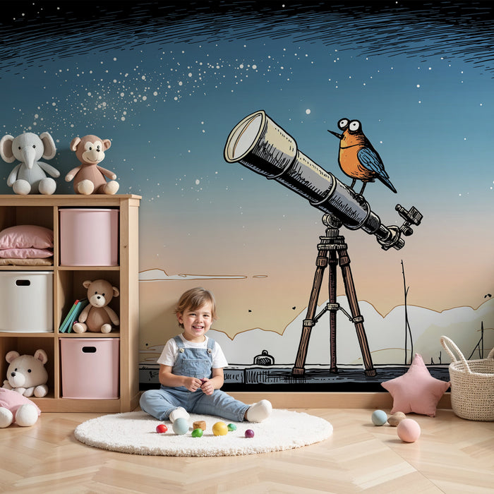 Papier peint chambre enfant | Exploration des étoiles avec un oiseau curieux