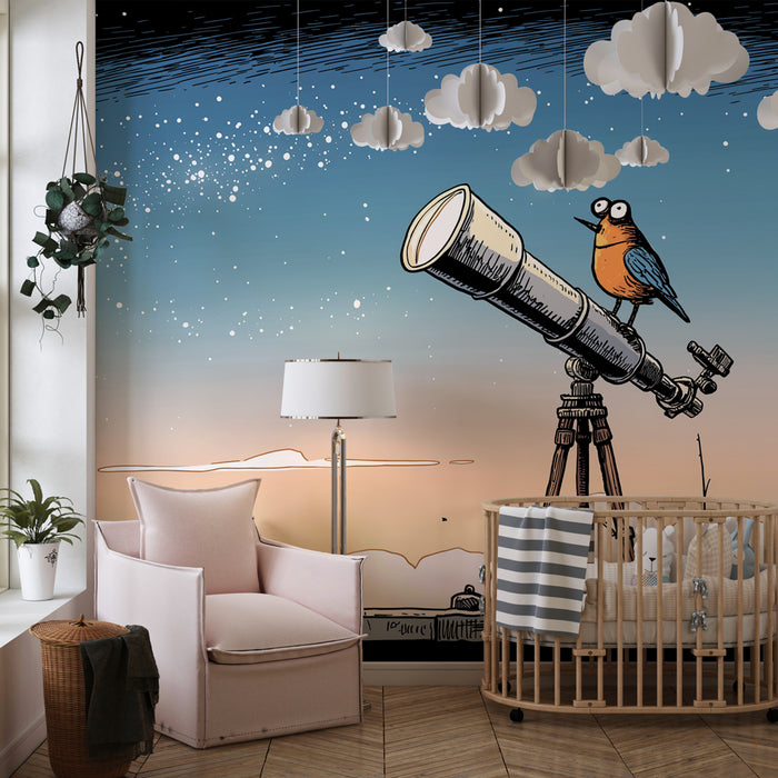 Papier peint chambre enfant | Exploration des étoiles avec un oiseau curieux