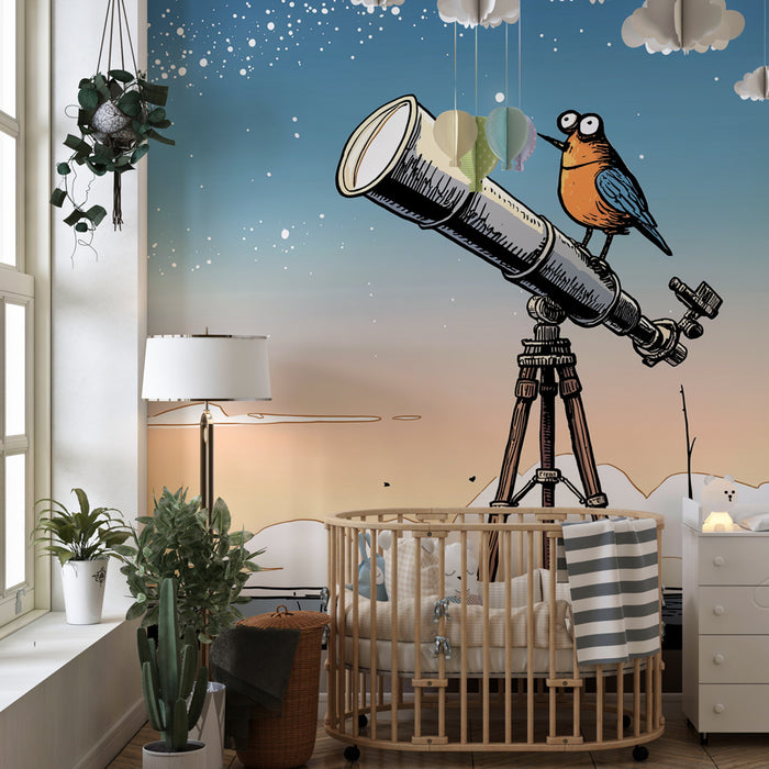 Papier peint chambre enfant | Exploration des étoiles avec un oiseau curieux