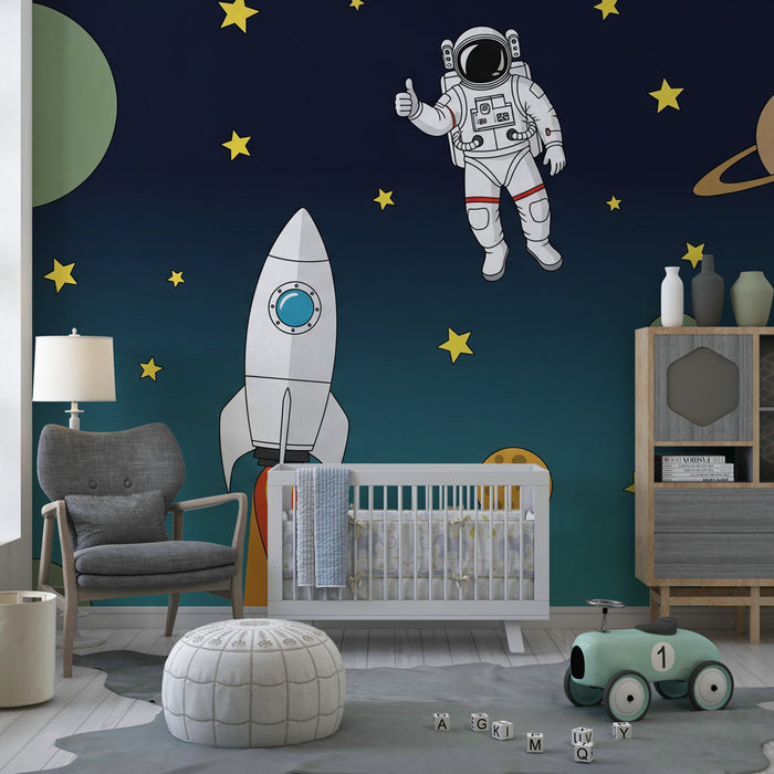 Lastenhuoneen tapetti | Avaruuden tutkimus astronautin ja rakettien kanssa