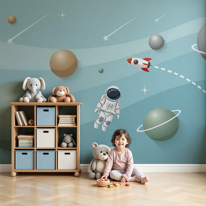 Lastenhuoneen tapetti | Avaruuden tutkimus astronautin ja rakettien kanssa