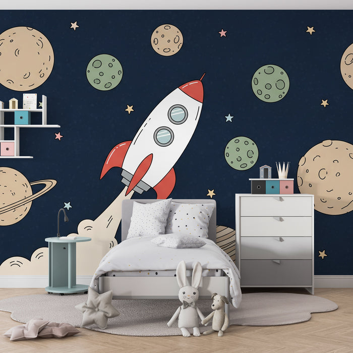 Kinderkamer behang | Ruimteverkenning met raket en planeten op een blauwe achtergrond