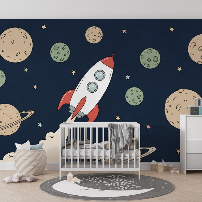 Kinderkamer behang | Ruimteverkenning met raket en planeten op een blauwe achtergrond