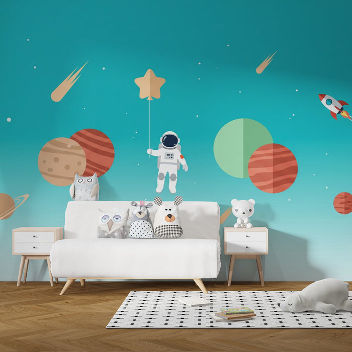 Dětská tapeta | Vesmírná expedice s astronautem a modrými obloženími planetami