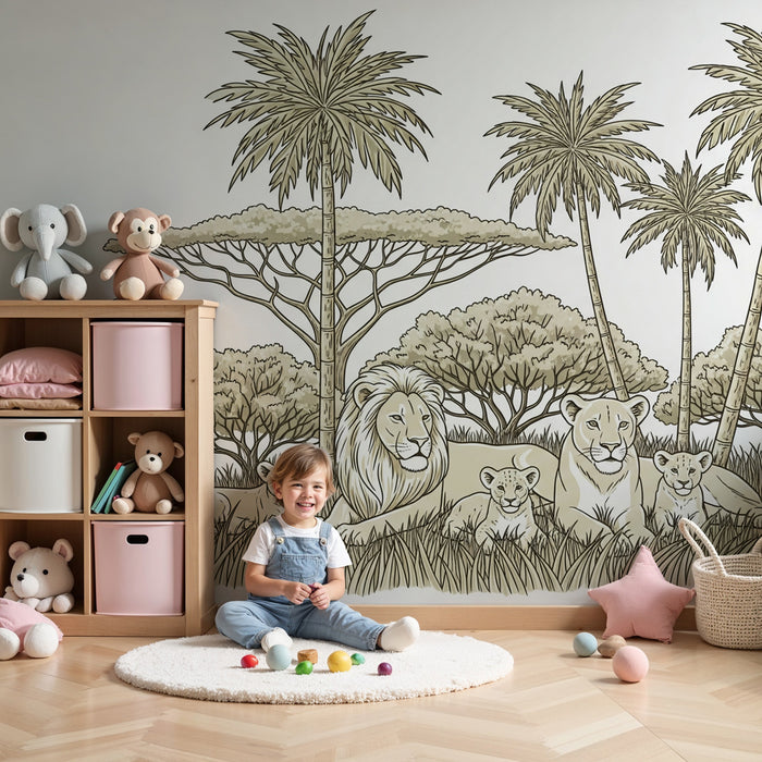 Kinderzimmer Tapete | Löwenfamilie in der Savanne