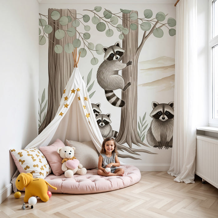 Kinderkamer behang | Wasberenfamilie in het bos