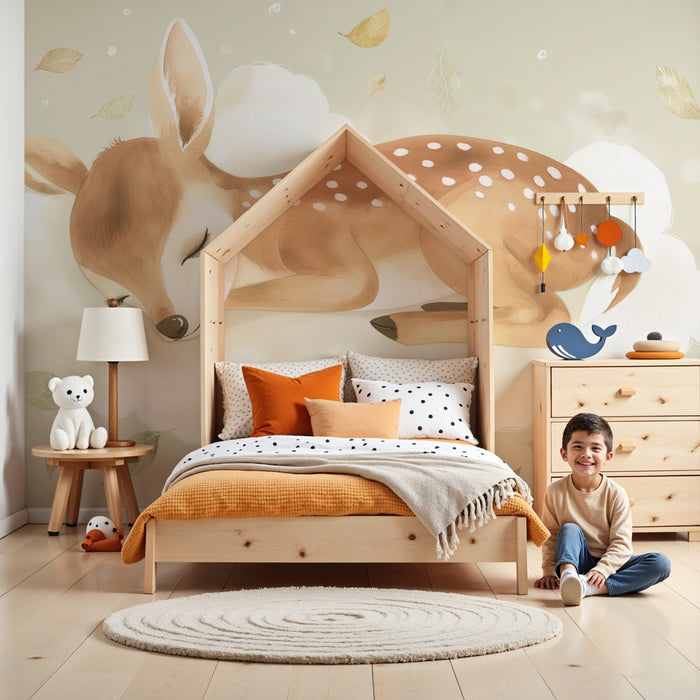 Papier peint chambre enfant | Faon endormi sur un nuage