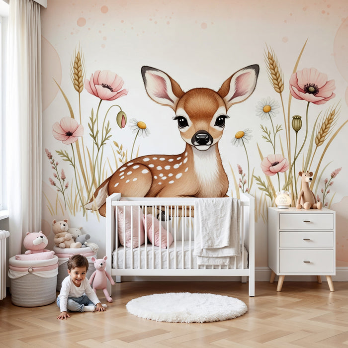 Kids room wallpaper | Cute fawn among the flowers