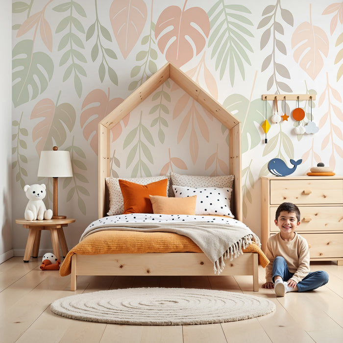 Papel pintado infantil | Follaje pastel y ambiente suave