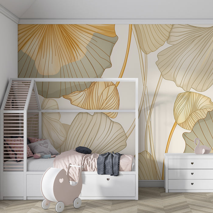 Kinderzimmer Tapete | Goldene und zarte Ginkgoblätter