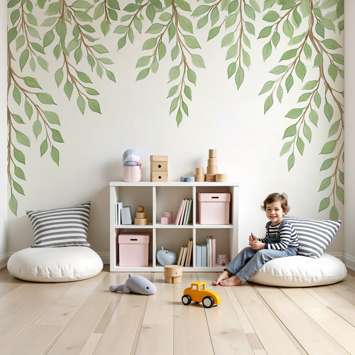 Papel pintado infantil | Hojas verdes delicadas