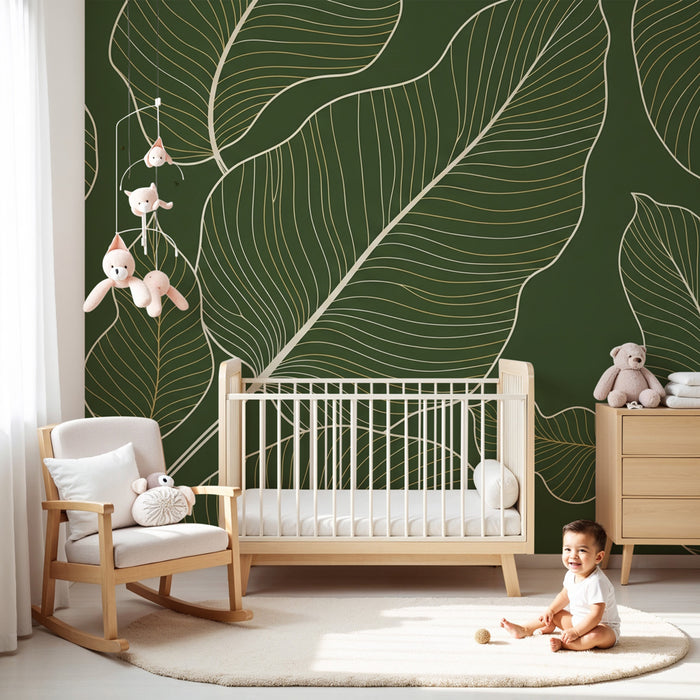Kids room wallpaper | Delicate leaves on a green background