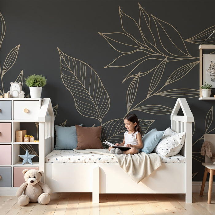 Kinderzimmer Tapete | Elegante Blätter auf dunklem Hintergrund