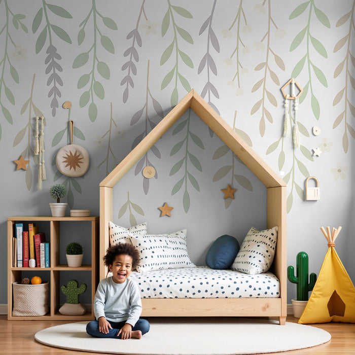 Kinderzimmer Tapete | Zarte Blätter und Blumen