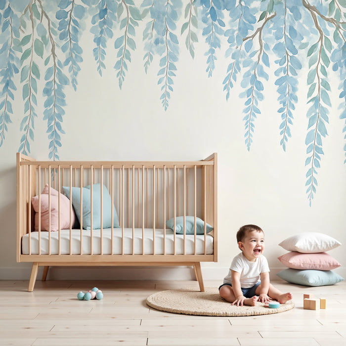 Papel pintado infantil | Hojas colgantes en tonos azules