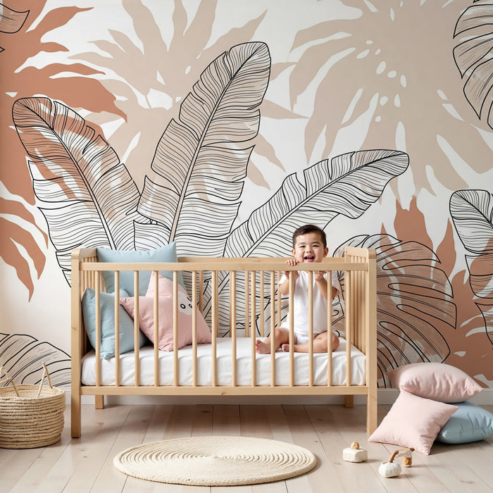 Papel pintado infantil | Hojas tropicales en tonos suaves