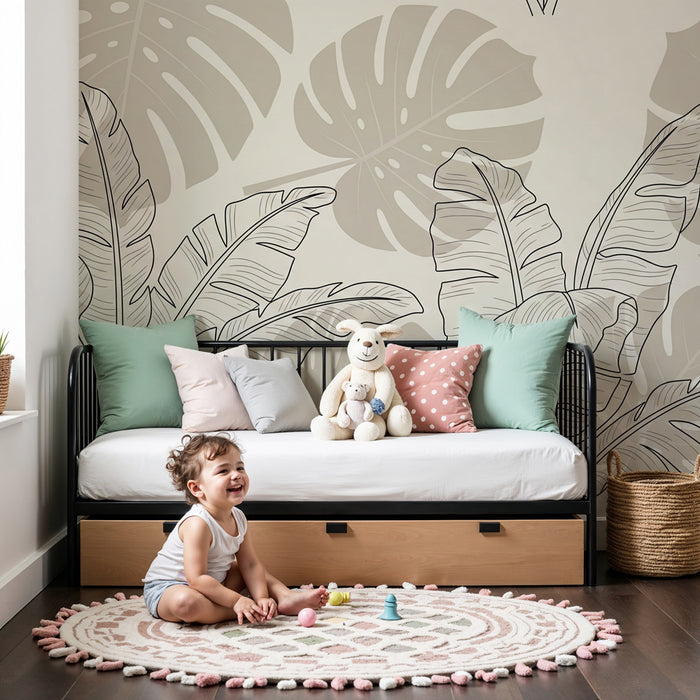 Papel pintado infantil | Hojas tropicales en tonos beige