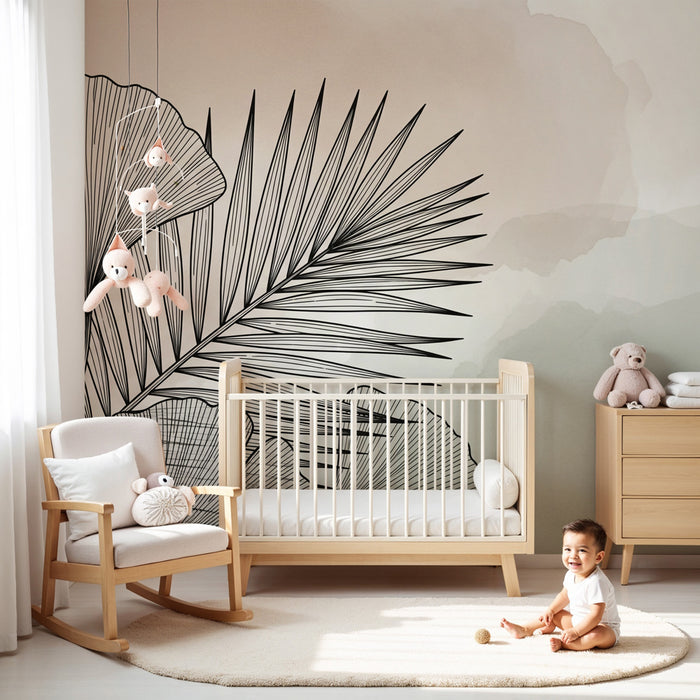 Papier peint chambre enfant | Feuilles tropicales élégantes en ligne claire