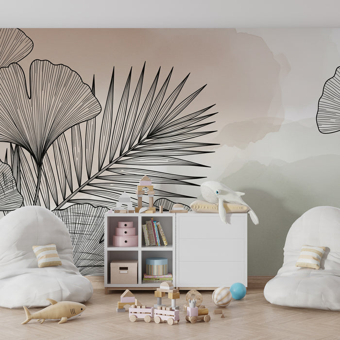 Papel de parede criança | Folhas tropicais elegantes em linha clara