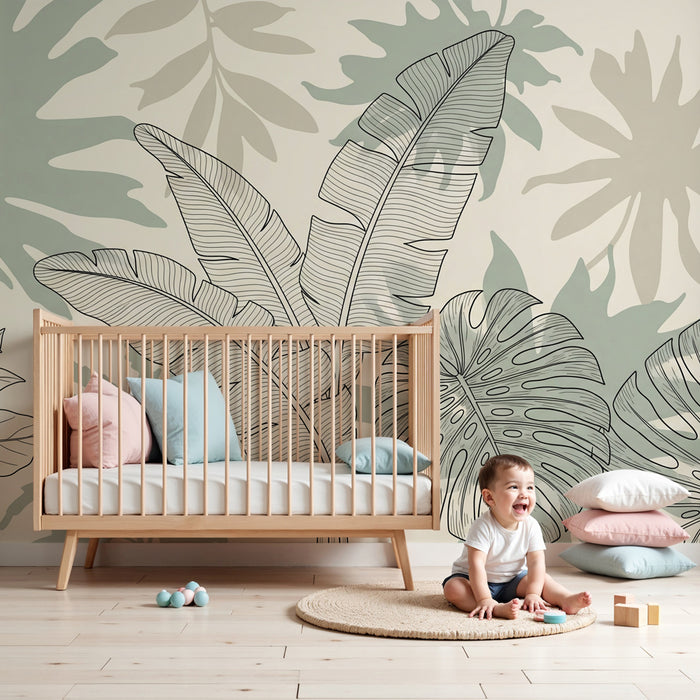 Papel pintado infantil | Hojas tropicales elegantes en negro y verde