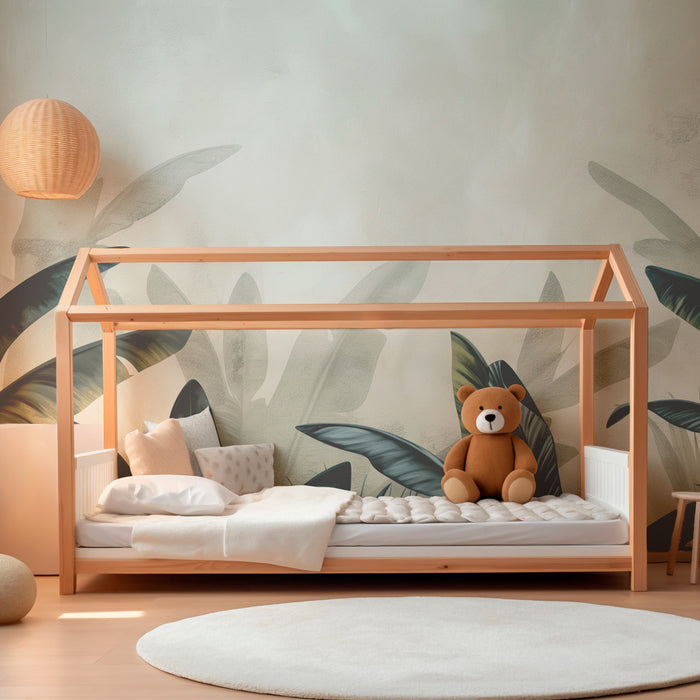 Kids room wallpaper | Elegant tropical leaves on a beige background