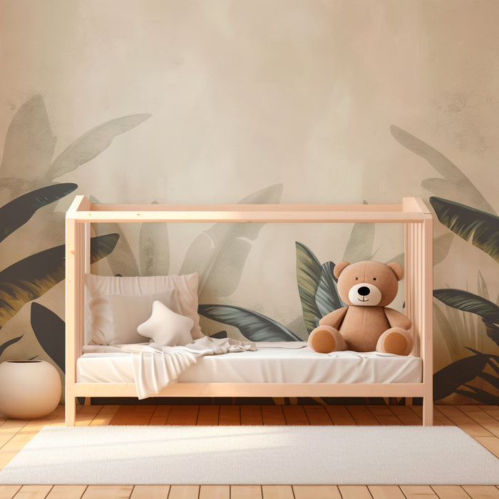 Kids room wallpaper | Elegant tropical leaves on a beige background