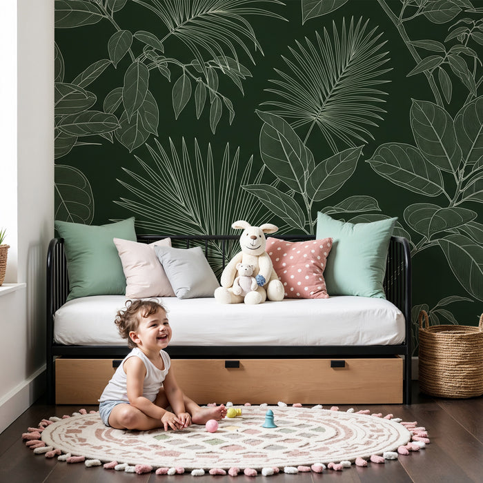 Kinderkamer behang | Elegante tropische bladeren in contouren