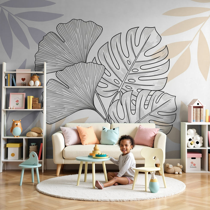 Papel pintado infantil | Hojas tropicales en ilustración delicada