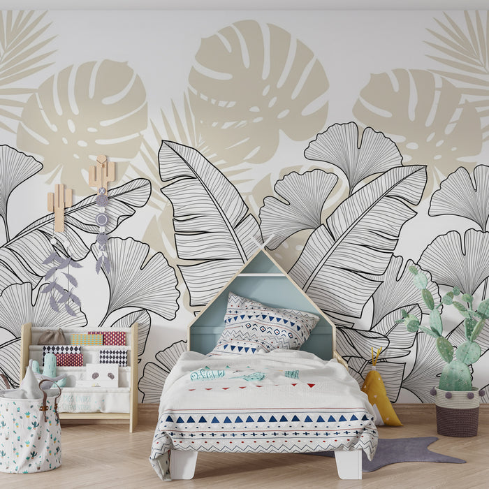 Papel de parede criança | Folhas tropicais em preto e branco