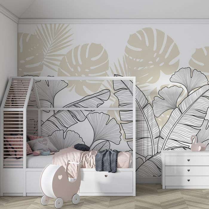 Papel de parede criança | Folhas tropicais em preto e branco