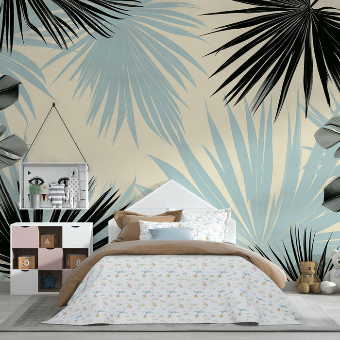 Kids room wallpaper | Tropical leaves in black and blue
