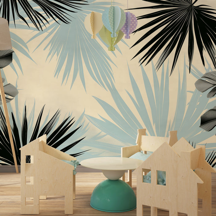 Kids room wallpaper | Tropical leaves in black and blue