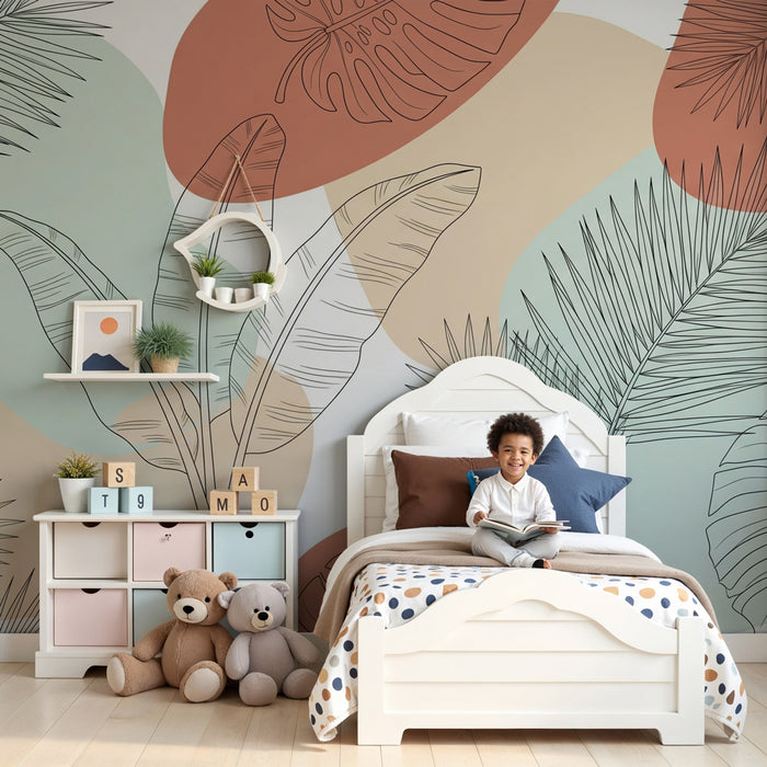 Papel pintado infantil | Hojas tropicales en tres colores