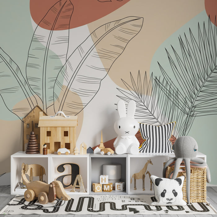 Papier peint chambre enfant | Feuilles tropicales en trois couleurs