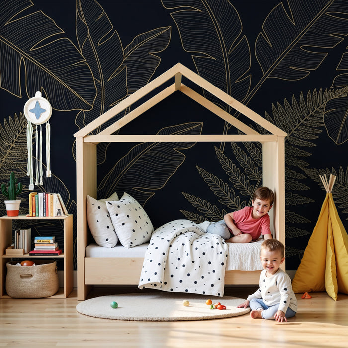 Kids room wallpaper | Tropical leaves and dark background